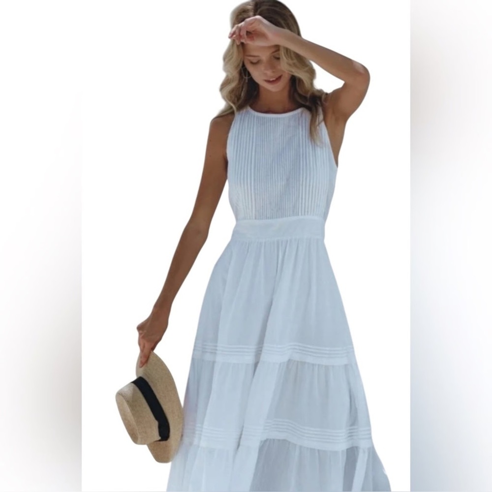 NWT PAMPELONE- Midi Sleeveless Tiered Pleated Perle White Sundress Bridal